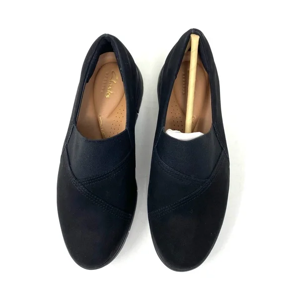 Clarks Loriini West Slip-On Wedge Shoes Wide Black Nubuck Comfort NIB - Picture 5 of 8